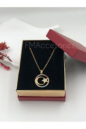 Çelik Kadın Kolye Paslanmaz Çelik 14k Gold Ay Ve Yıldız Kırmızı Mavi Özel Seri Kadın 45 cm Kolye