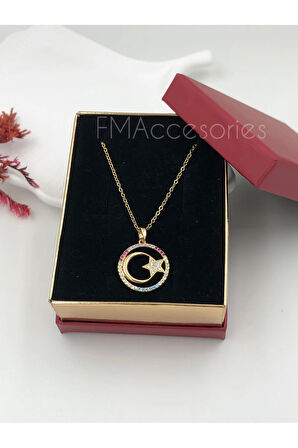Çelik Kadın Kolye Paslanmaz Çelik 14k Gold Ay Ve Yıldız Kırmızı Mavi Özel Seri Kadın 45 cm Kolye