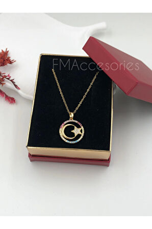 Çelik Kadın Kolye Paslanmaz Çelik 14k Gold Ay Ve Yıldız Kırmızı Mavi Özel Seri Kadın 45 cm Kolye