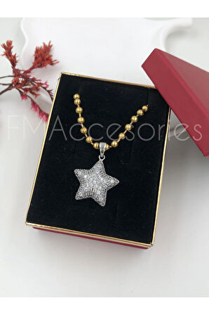 Çelik Kadın Kolye Paslanmaz Çelik 14k Gold Zincir Gümüş Renk Yıldızlı Özel Seri Kadın 45 cm Kolye