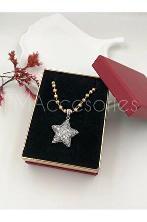 Çelik Kadın Kolye Paslanmaz Çelik 14k Gold Zincir Gümüş Renk Yıldızlı Özel Seri Kadın 45 cm Kolye