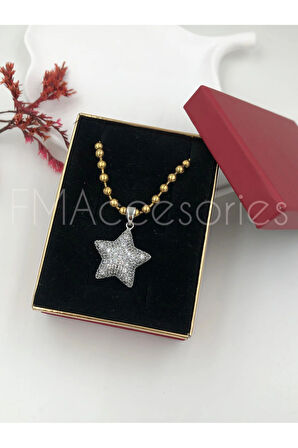 Çelik Kadın Kolye Paslanmaz Çelik 14k Gold Zincir Gümüş Renk Yıldızlı Özel Seri Kadın 45 cm Kolye