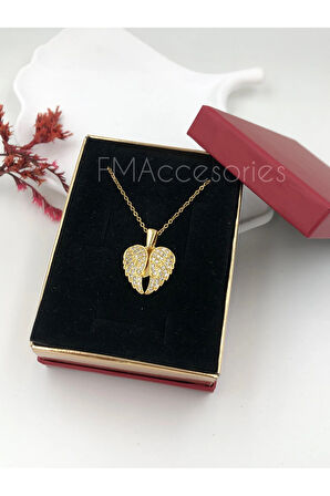 Çelik Kadın Kolye Paslanmaz Çelik 14k Gold Zincir Melek Kanadı Açılır Kapanır Kadın 45 cm Kolye