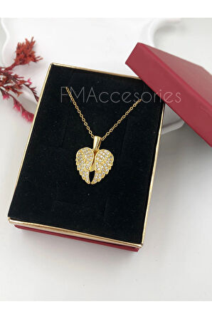 Çelik Kadın Kolye Paslanmaz Çelik 14k Gold Zincir Melek Kanadı Açılır Kapanır Kadın 45 cm Kolye