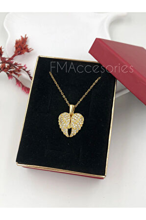 Çelik Kadın Kolye Paslanmaz Çelik 14k Gold Zincir Melek Kanadı Açılır Kapanır Kadın 45 cm Kolye