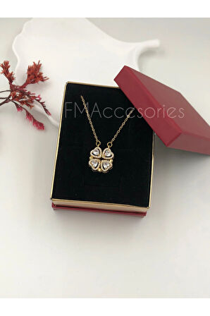 Çelik Kadın Kolye Paslanmaz Çelik 14k Gold Açılır Kapanır Kalpli Yonca Kolye Kadın 45 cm Kolye