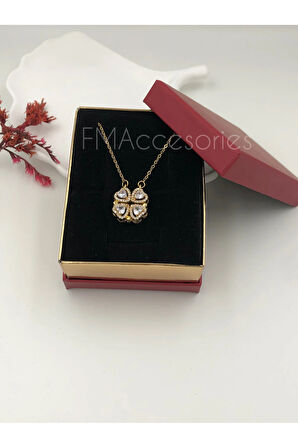 Çelik Kadın Kolye Paslanmaz Çelik 14k Gold Açılır Kapanır Kalpli Yonca Kolye Kadın 45 cm Kolye