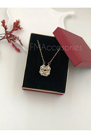 Çelik Kadın Kolye Paslanmaz Çelik 14k Gold Açılır Kapanır Kalpli Yonca Kolye Kadın 45 cm Kolye