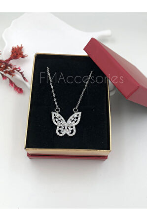 Çelik Kadın Kolye Paslanmaz Gümüş Renk Kelebekli Taşlı 45 cm Antialerjik HEDİYE KUTULU