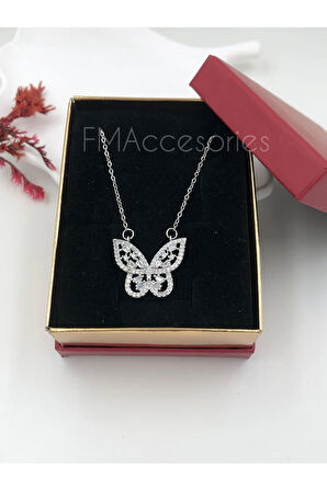 Çelik Kadın Kolye Paslanmaz Gümüş Renk Kelebekli Taşlı 45 cm Antialerjik HEDİYE KUTULU