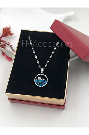 Çelik Kadın Kolye Paslanmaz Gümüş Renk Yunuslu 45 cm Antialerjik HEDİYE KUTULU