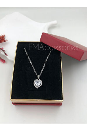 Çelik Kadın Kolye Paslanmaz Gümüş Renk Kalpli Taşlı 45 cm Antialerjik HEDİYE KUTULU