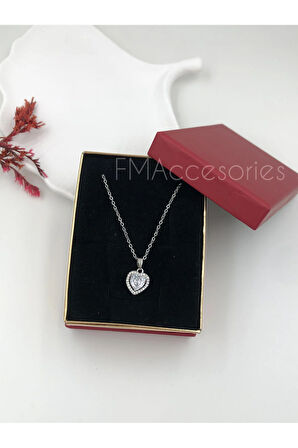 Çelik Kadın Kolye Paslanmaz Gümüş Renk Kalpli Taşlı 45 cm Antialerjik HEDİYE KUTULU