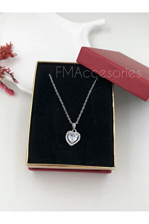 Çelik Kadın Kolye Paslanmaz Gümüş Renk Kalpli Taşlı 45 cm Antialerjik HEDİYE KUTULU