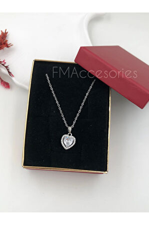 Çelik Kadın Kolye Paslanmaz Gümüş Renk Kalpli Taşlı 45 cm Antialerjik HEDİYE KUTULU