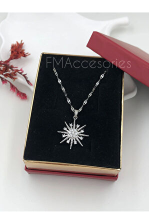 Çelik Kadın Kolye Paslanmaz Gümüş Renk Kar Tanesi Taşlı 45 cm Antialerjik HEDİYE KUTULU