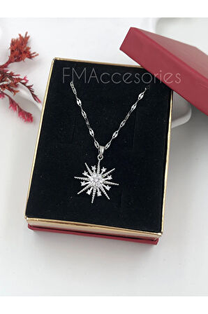 Çelik Kadın Kolye Paslanmaz Gümüş Renk Kar Tanesi Taşlı 45 cm Antialerjik HEDİYE KUTULU