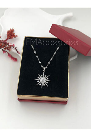 Çelik Kadın Kolye Paslanmaz Gümüş Renk Kar Tanesi Taşlı 45 cm Antialerjik HEDİYE KUTULU