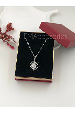 Çelik Kadın Kolye Paslanmaz Gümüş Renk Kar Tanesi Taşlı 45 cm Antialerjik HEDİYE KUTULU