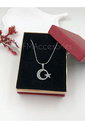 Çelik Kadın Kolye Paslanmaz Gümüş Renk Ay Yıldızlı 45 cm Antialerjik HEDİYE KUTULU