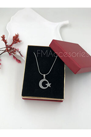Çelik Kadın Kolye Paslanmaz Gümüş Renk Ay Yıldızlı 45 cm Antialerjik HEDİYE KUTULU