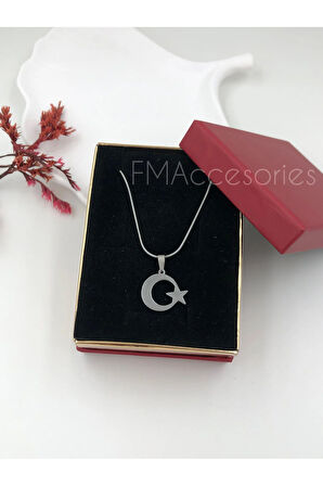 Çelik Kadın Kolye Paslanmaz Gümüş Renk Ay Yıldızlı 45 cm Antialerjik HEDİYE KUTULU