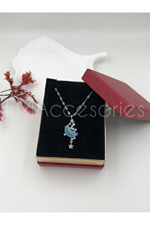 Çelik Kadın Kolye Paslanmaz Gümüş Renk Mavi Ay Taşlı 45 cm Antialerjik HEDİYE KUTULU