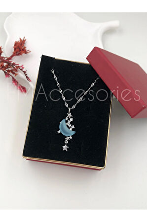 Çelik Kadın Kolye Paslanmaz Gümüş Renk Mavi Ay Taşlı 45 cm Antialerjik HEDİYE KUTULU