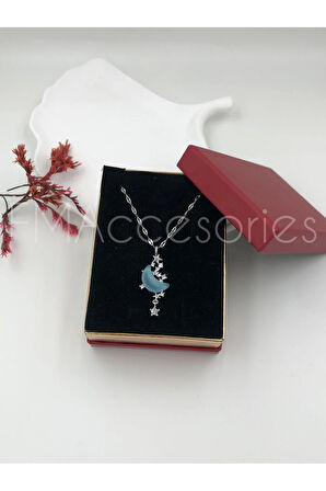 Çelik Kadın Kolye Paslanmaz Gümüş Renk Mavi Ay Taşlı 45 cm Antialerjik HEDİYE KUTULU