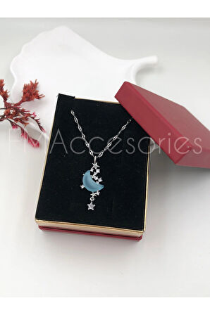 Çelik Kadın Kolye Paslanmaz Gümüş Renk Mavi Ay Taşlı 45 cm Antialerjik HEDİYE KUTULU