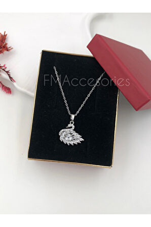 Çelik Kadın Kolye Paslanmaz Gümüş Renk Kuğulu Taşlı 45 cm Antialerjik HEDİYE KUTULU