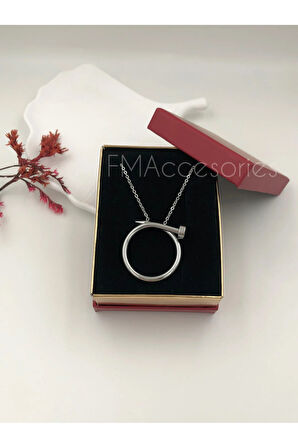 Çelik Kadın Kolye Paslanmaz Gümüş Renk Çivi 45 cm Antialerjik HEDİYE KUTULU