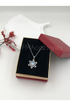 Çelik Kadın Kolye Paslanmaz Gümüş Renk Kar Tanesi Taşlı 45 cm Antialerjik HEDİYE KUTULU