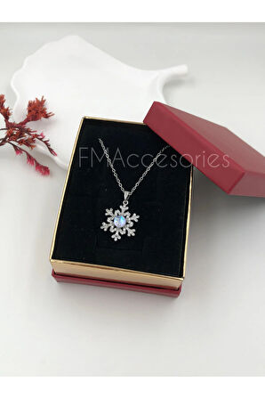 Çelik Kadın Kolye Paslanmaz Gümüş Renk Kar Tanesi Taşlı 45 cm Antialerjik HEDİYE KUTULU