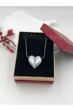 Çelik Kadın Kolye Paslanmaz Gümüş Renk Kalpli 45 cm Antialerjik HEDİYE KUTULU