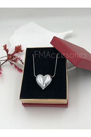 Çelik Kadın Kolye Paslanmaz Gümüş Renk Kalpli 45 cm Antialerjik HEDİYE KUTULU