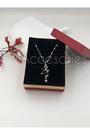 Çelik Kadın Kolye Paslanmaz Gümüş Renk Siyah Ay Taşlı 45 cm Antialerjik HEDİYE KUTULU