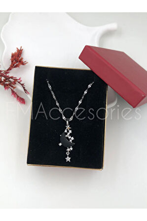 Çelik Kadın Kolye Paslanmaz Gümüş Renk Siyah Ay Taşlı 45 cm Antialerjik HEDİYE KUTULU