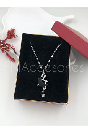 Çelik Kadın Kolye Paslanmaz Gümüş Renk Siyah Ay Taşlı 45 cm Antialerjik HEDİYE KUTULU