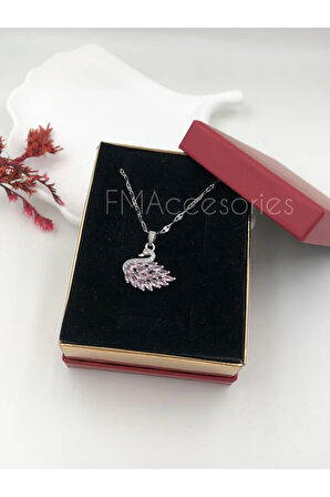 Çelik Kadın Kolye Paslanmaz Gümüş Renk Kuğulu Taşlı 45 cm Antialerjik HEDİYE KUTULU