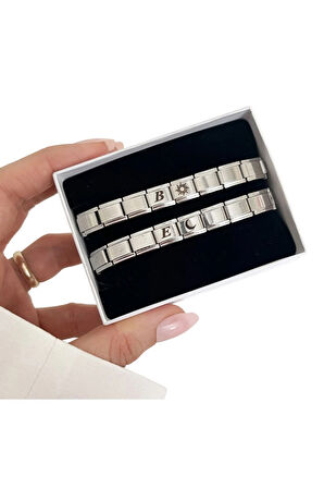 Çelik Bileklik İtalyan Charm Harfli Ay Güneşli Kişisselleştirilebilir Çift Sevgili Kombin 2 Adet