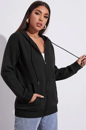 Unisex Siyah Fermuarlı Kapüşonlu Sweatshirt