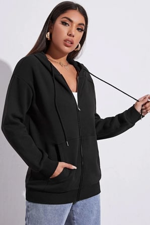 Unisex Siyah Fermuarlı Kapüşonlu Sweatshirt