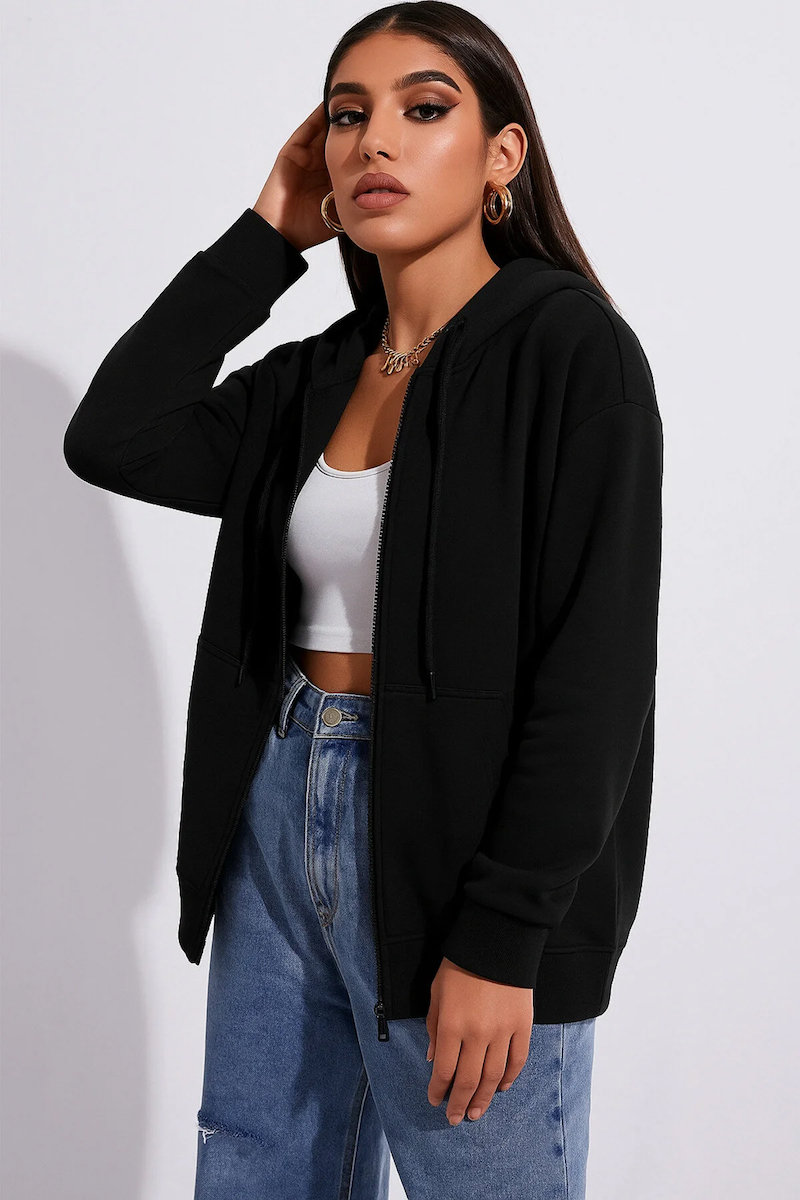 Unisex Siyah Fermuarlı Kapüşonlu Sweatshirt