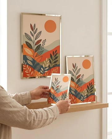 Modern Boho Gold Çerçeveli Duvar Tablosu Seti (3 Parça) - Sıcak Tonlar Botanik Sanat Serisi