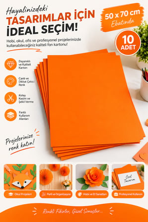 Turuncu Fon Kartonu 50x70 cm – 10’lu Paket, Renkli Fon Kağıdı, El İşi, Okul ve Sanat Etkinlikleri İçin