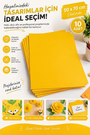 Sarı Fon Kartonu 50x70 cm – 10’lu Paket, Renkli Fon Kağıdı, El İşi, Okul ve Sanat Etkinlikleri İçin