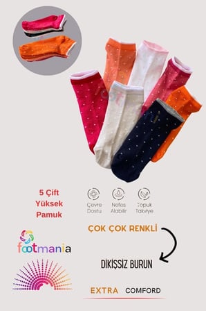 5 Çift Sport Kadın Penye Puantiyeli Renkli Patik Çorap Seti (TERLETMEZ)