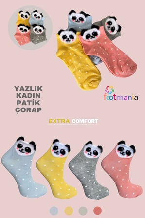 4''lü Kadın Sevimli Tüylü Panda Desenli Patik Çorap Seti