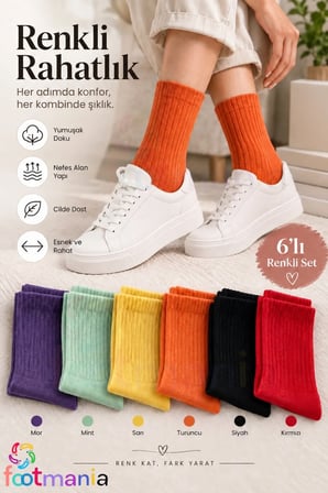 6” Çift Kadın Çok Renkli Düz Tenis Kolej ÇorapSeti(extra confort)